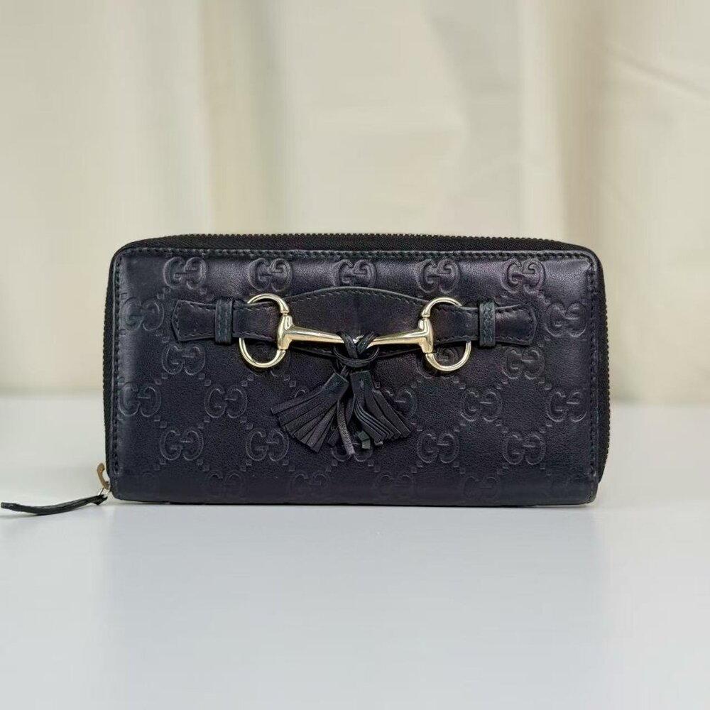 Gucci GG Logo Printed Leather Wallet Navy Blue with Gold Tone Hardware